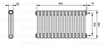 Схема (чертеж) Радиатор Zehnder Charleston 2056/14 №7610 Белый глянцевый RAL 9016